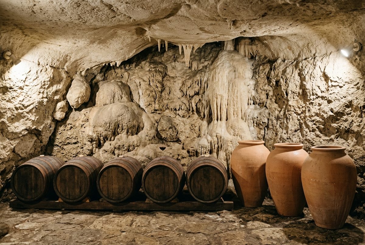 Fûts de chêne et jarres en terre cuite alignés contre la paroi d'une salle de grotte aménagée en chai