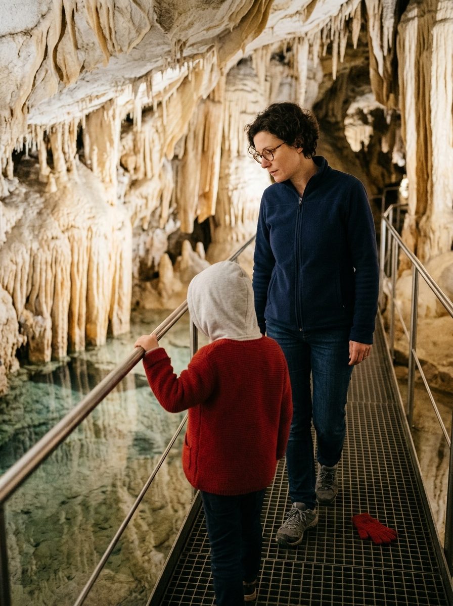 Une mère et son enfant en gilet chaud traversent une passerelle métallique au-dessus d'un lac souterrain dans une grotte éclairée