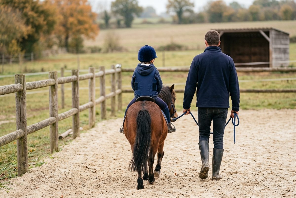 Jeune enfant en bombe sur un petit poney tenu en main dans une carrière, vu de dos