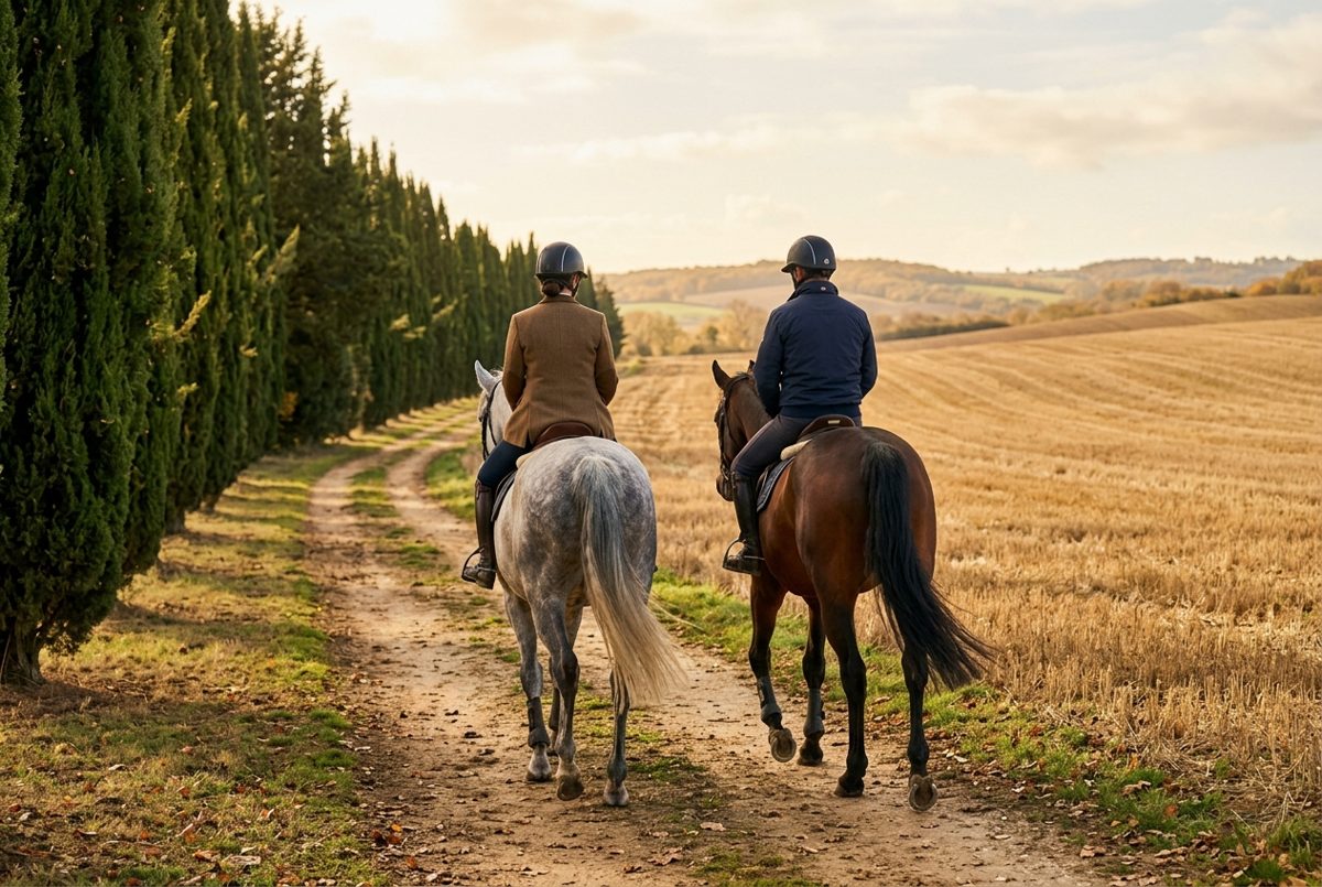 Deux cavaliers au pas sur un chemin de terre bordé de cyprès et de champs en automne