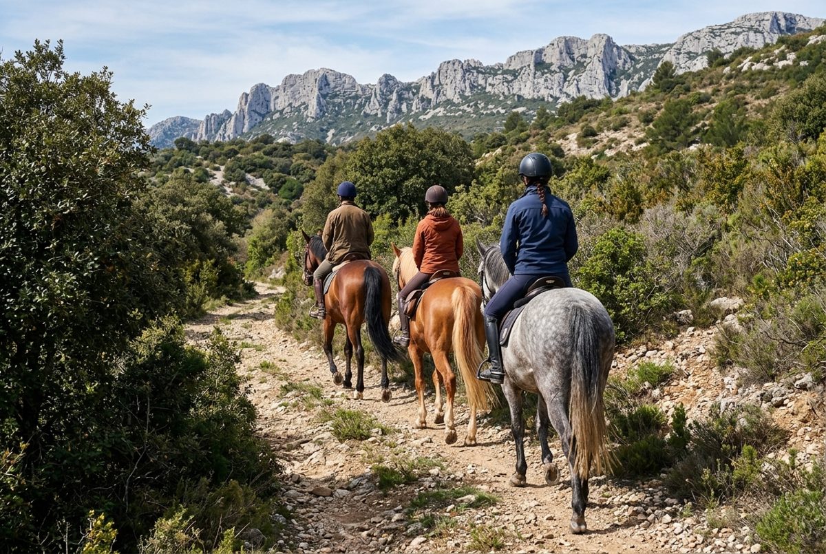 Trois cavaliers au pas sur un sentier de garrigue bordé de chênes verts