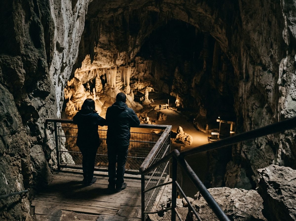 Silhouettes de visiteurs au garde-corps d'un balcon qui surplombe une immense salle souterraine
