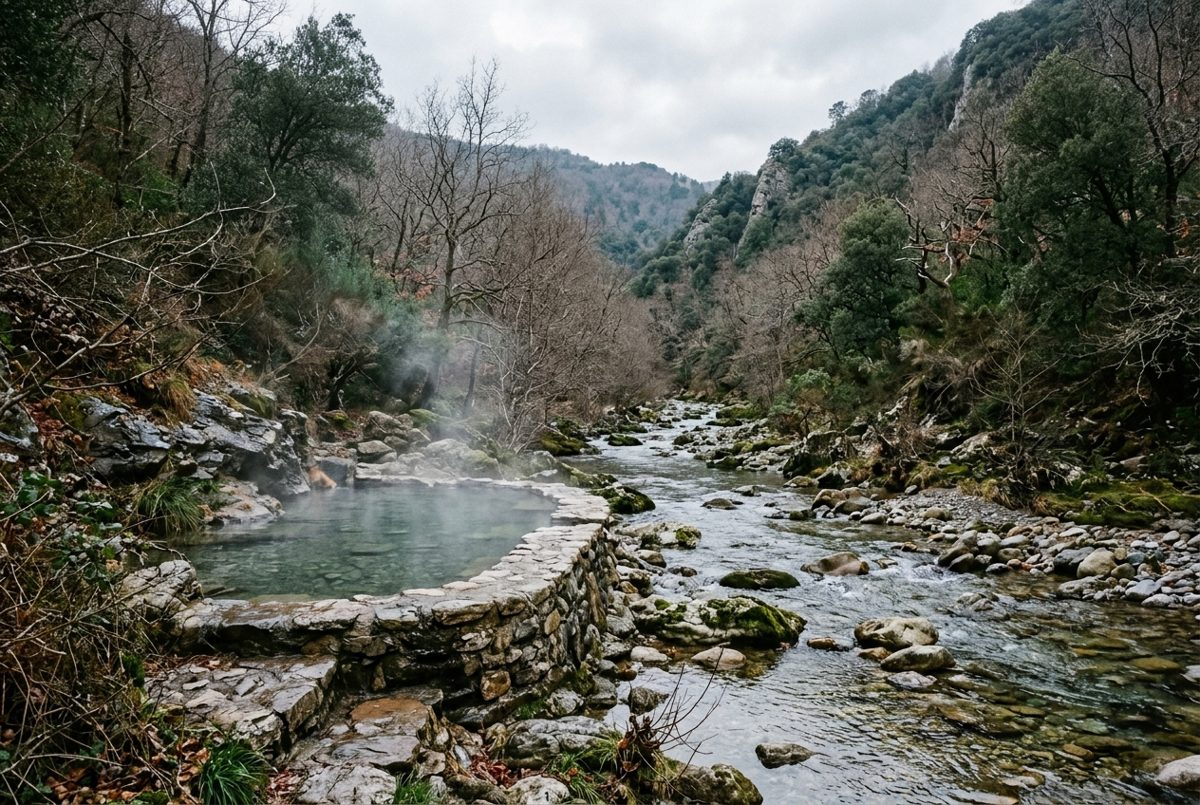 Bassin naturel d'eau chaude fumant au bord d'une rivière, dans une vallée boisée en hiver