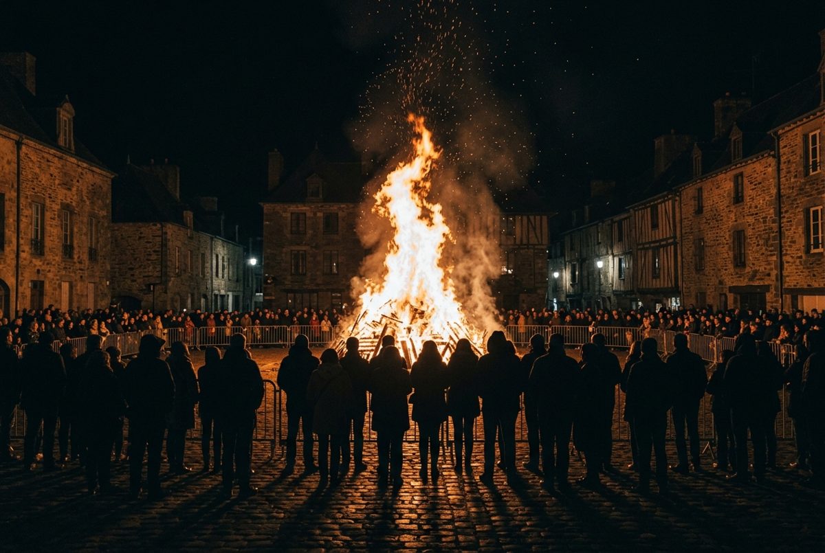 Grand feu de joie dressé la nuit sur une place de village, foule à distance, silhouettes à contre-jour