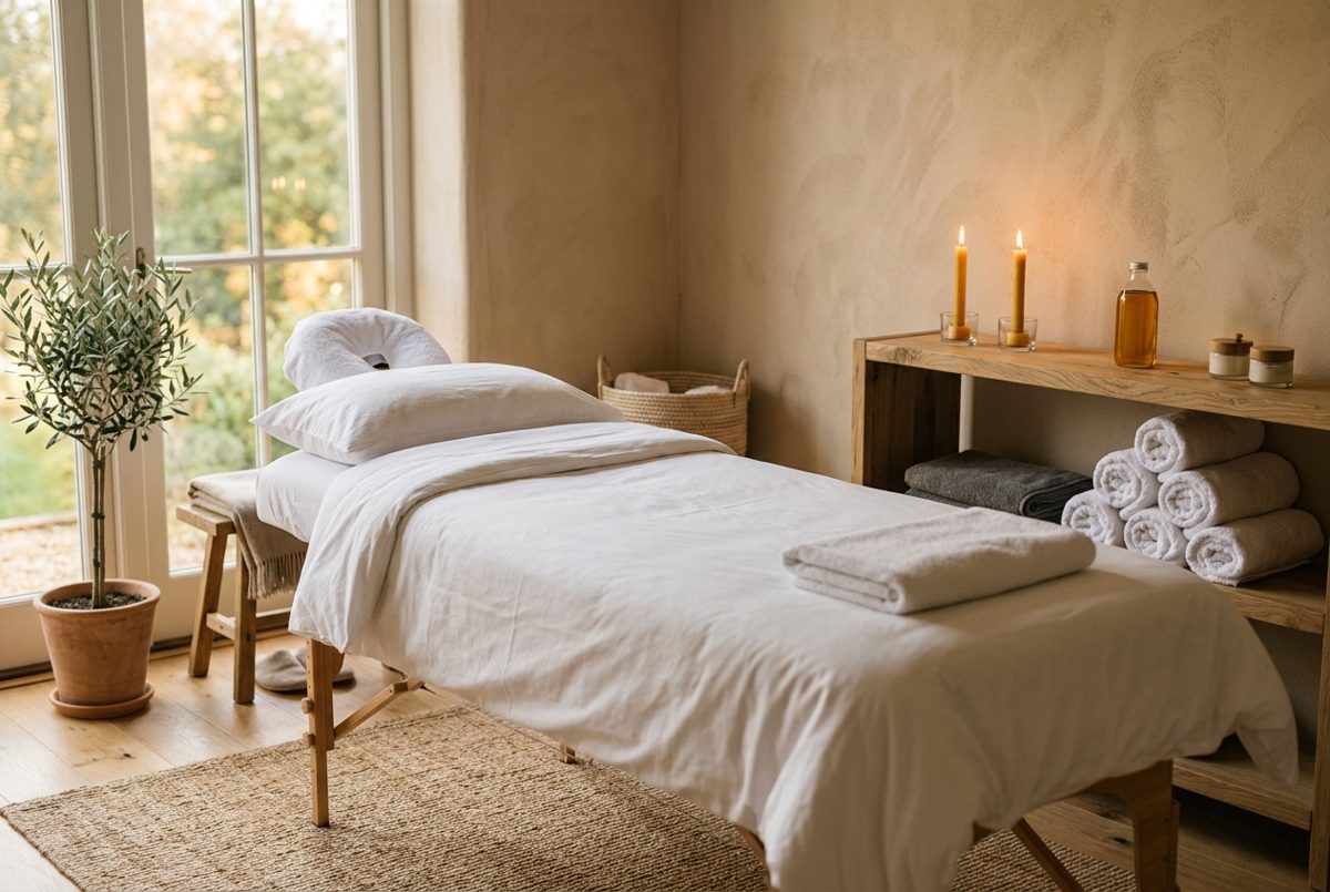 Cabine de massage préparée : serviettes roulées, huile et bougies sur une étagère en bois