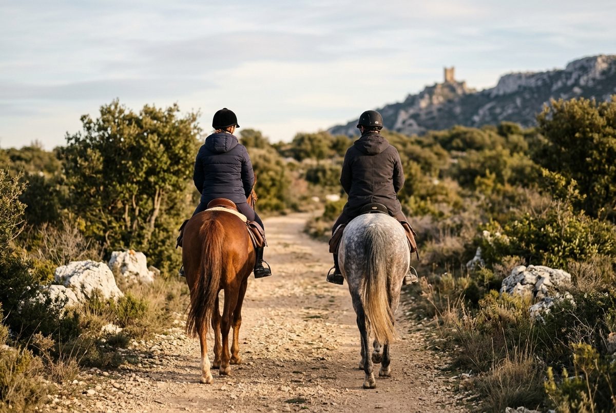 Deux cavaliers vus de dos au pas sur un chemin de garrigue en hiver, une ruine perchée au loin