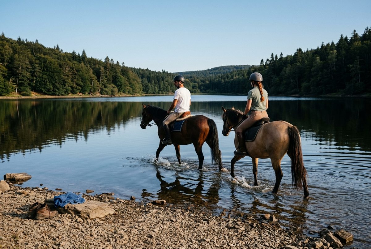 Deux cavaliers casqués avancent au pas dans l'eau peu profonde d'un lac de forêt de la Montagne Noire, à la fin de l'été
