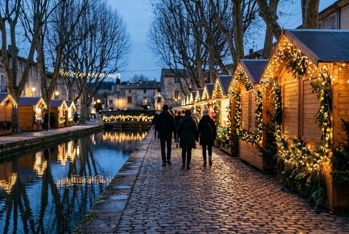 Chalets en bois illuminés d'un marché de Noël au crépuscule, le long d'un canal bordé de platanes