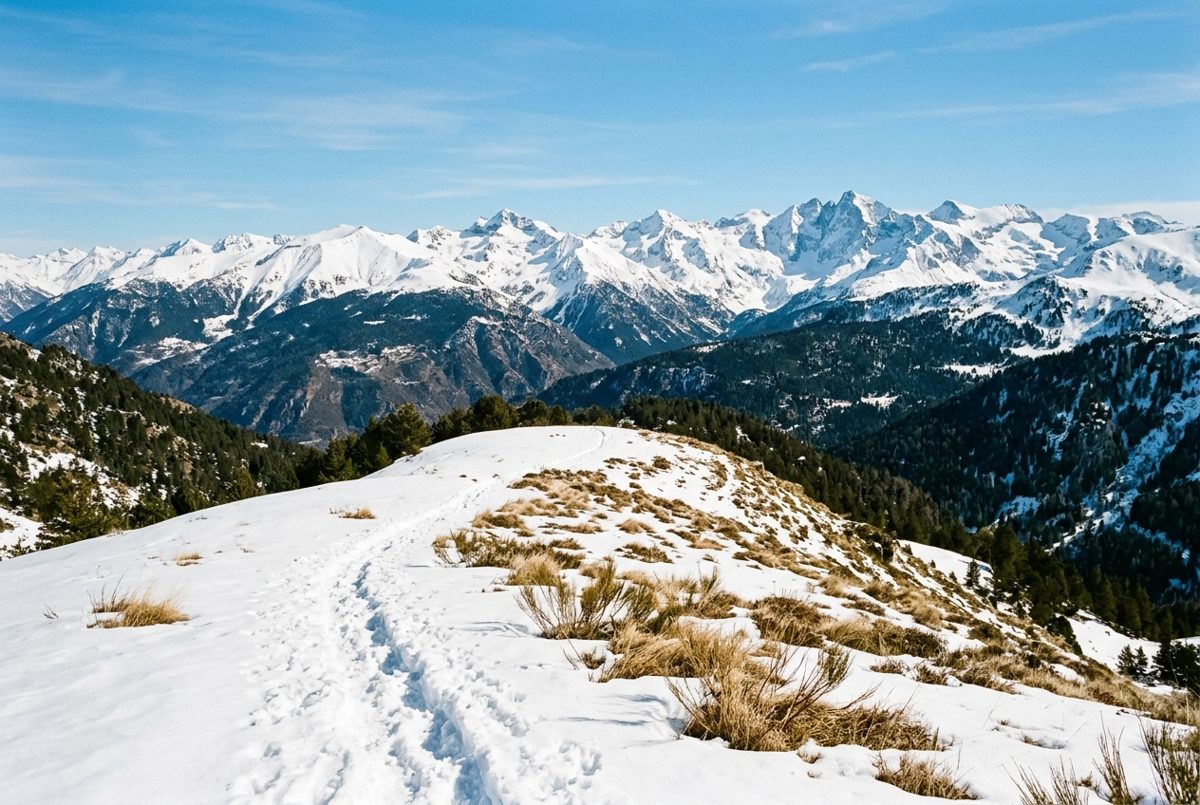 Crête arrondie enneigée dominant des vallées et une chaîne de montagnes blanches à l'horizon