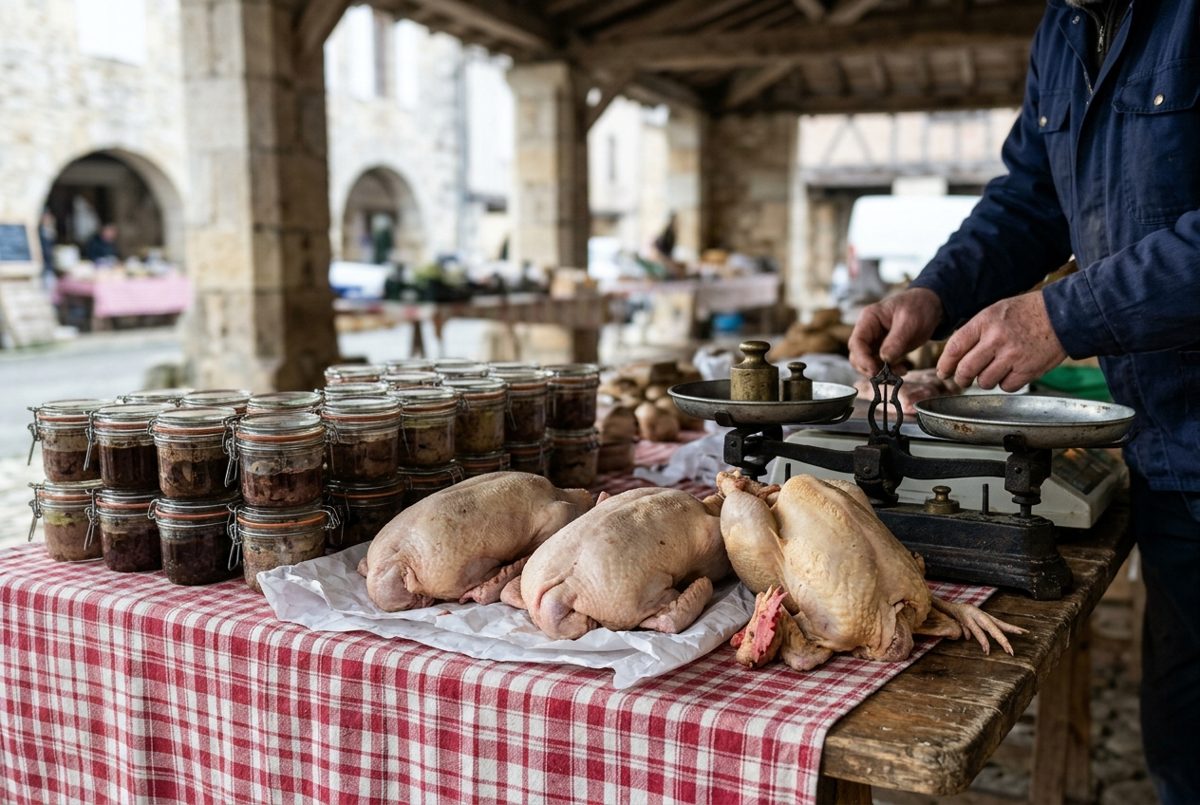 Étal d'un marché au gras d'hiver : bocaux sans étiquette et volailles fermières sur une table de bois, sous une halle