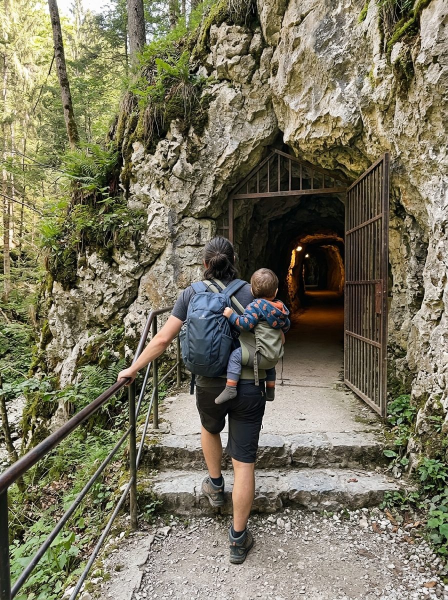 Un parent portant un jeune enfant en porte-bébé à l'entrée d'une grotte aménagée