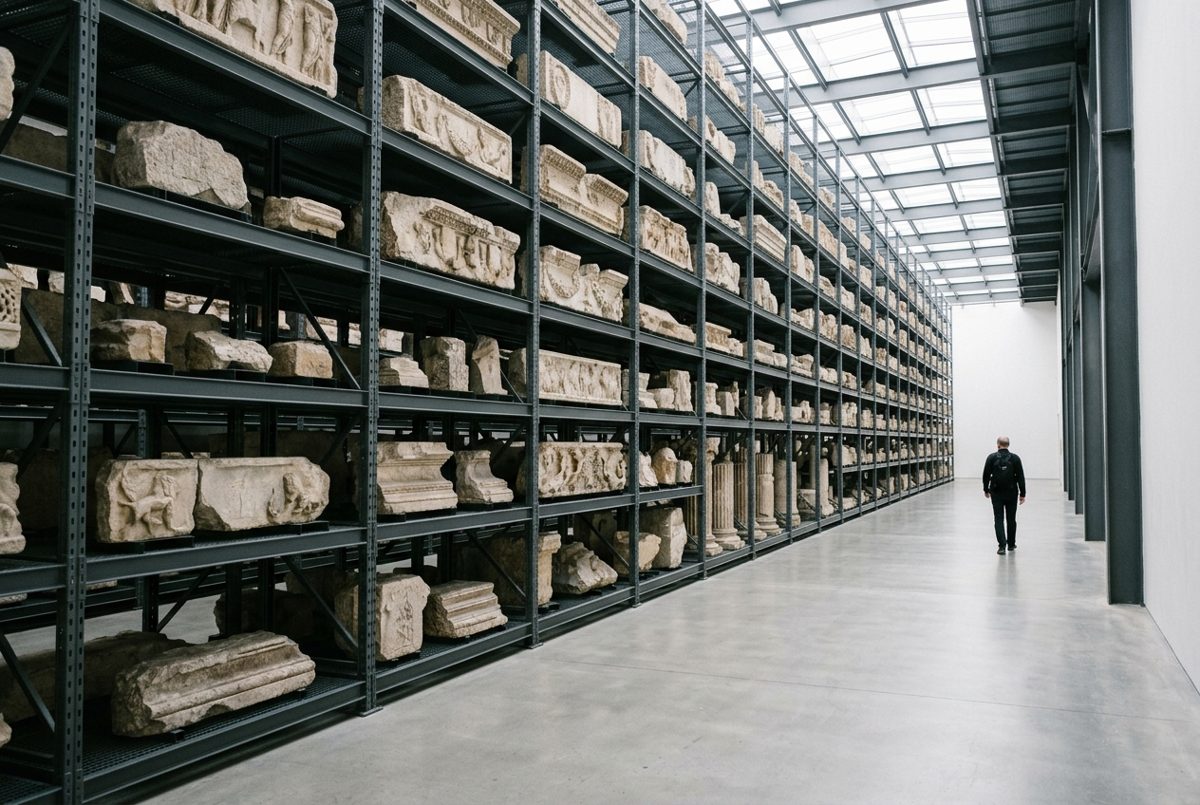 Galerie de musée où des centaines de blocs de pierre sculptés d'époque romaine sont rangés sur un haut rack métallique