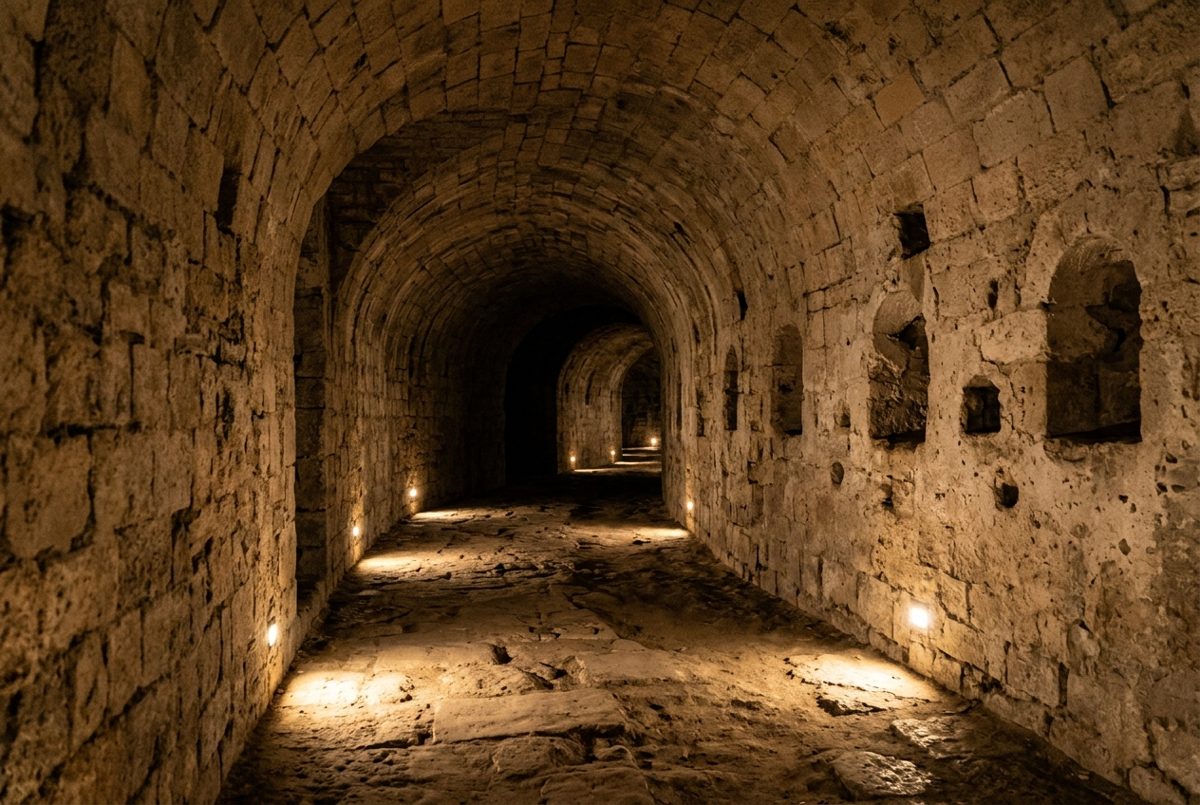 Galerie souterraine voûtée en pierre, éclairée par une lumière chaude, dans une crypte antique