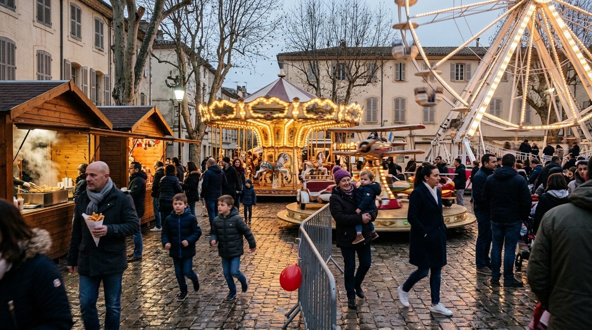 La grande roue et les manèges du parc du Père Noël, square André-Chénier à Carcassonne, un soir de décembre