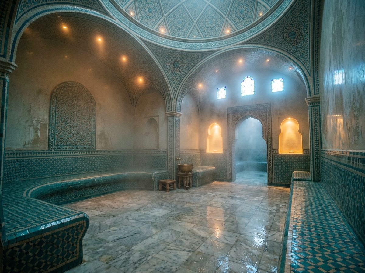 Hammam carrelé envahi de vapeur, banquettes mosaïque et lumière tamisée