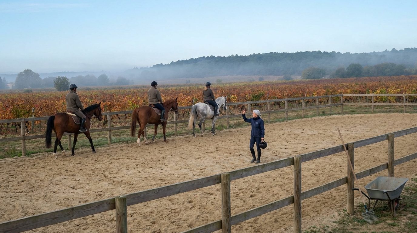 Leçon d'équitation dans une carrière de sable bordée de vignes d'automne, au pied de la Montagne Noire près de Carcassonne