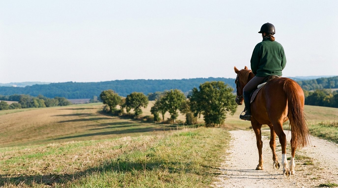 Cavalière au pas sur un chemin de crête entre les champs du Lauragais, Montagne Noire au loin