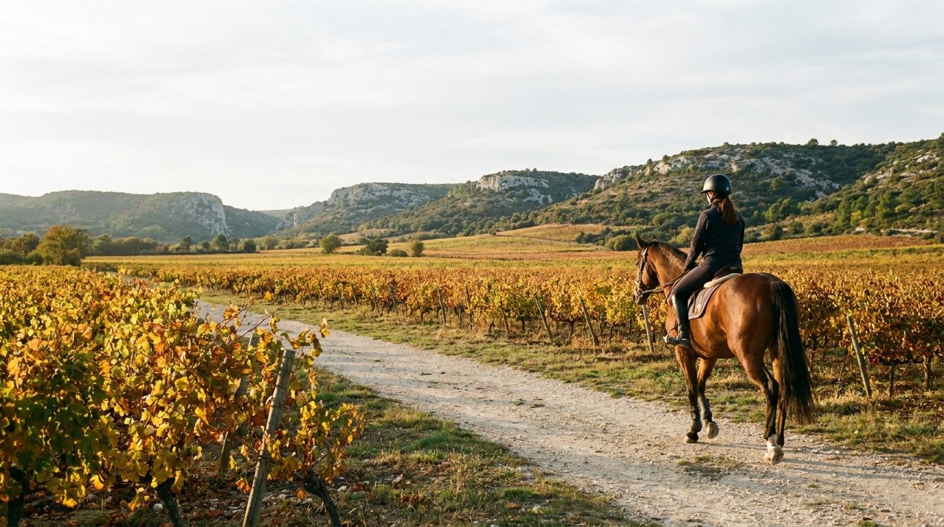 Cavalière au pas sur un chemin entre les vignes, collines calcaires des Corbières au loin