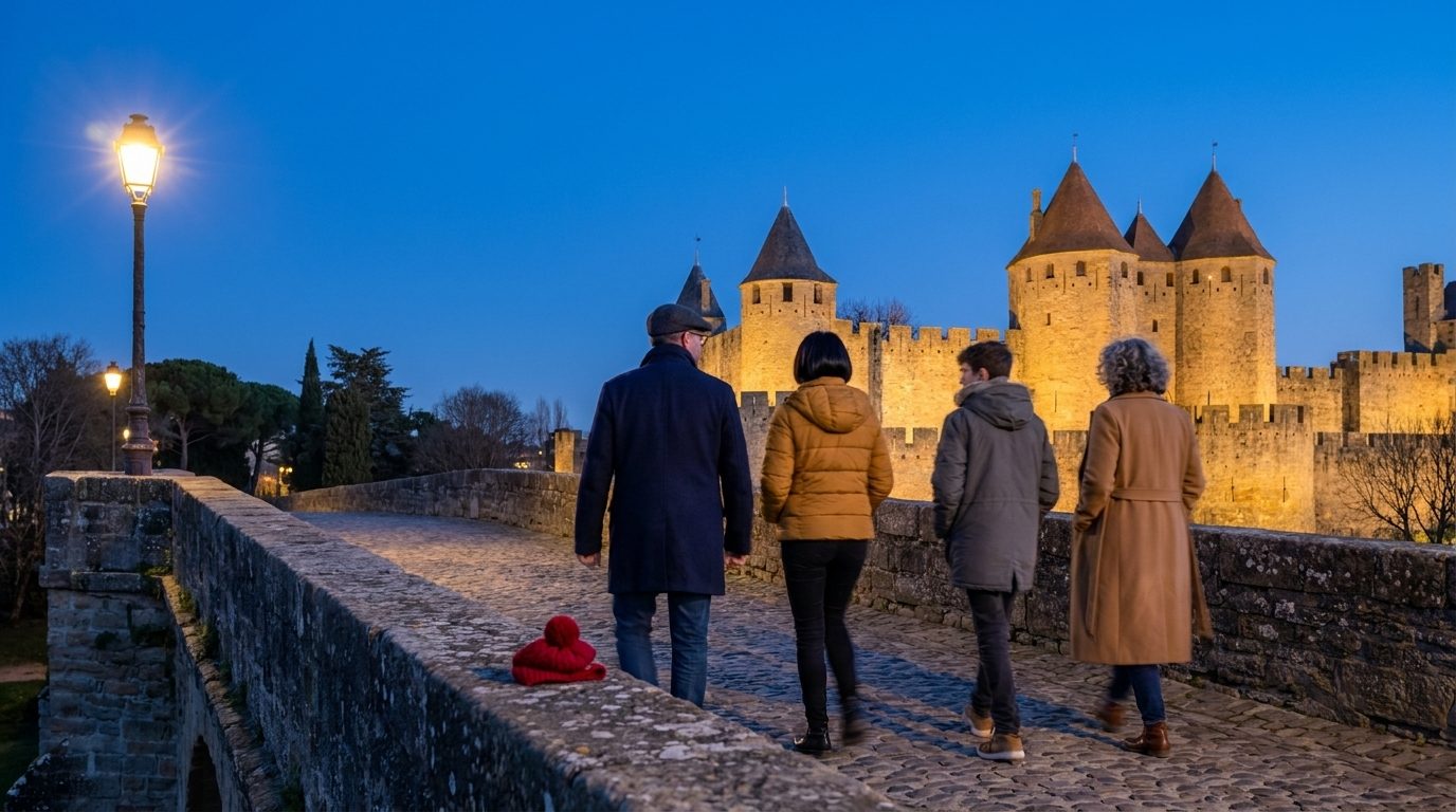 La Cité de Carcassonne illuminée vue depuis le Pont Vieux un soir de décembre, avec quelques promeneurs en manteaux d'hiver