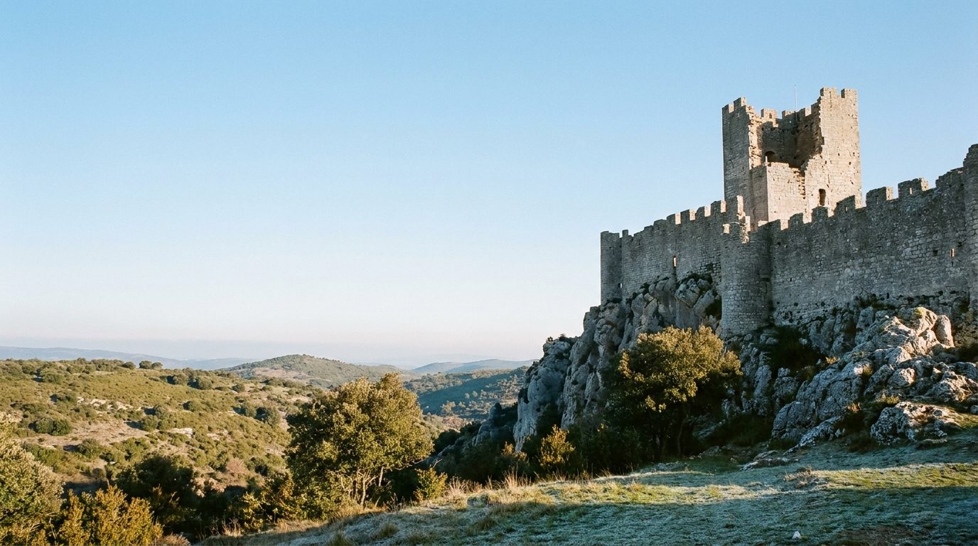 Ruines d'une forteresse médiévale sur une crête calcaire dans la lumière basse d'une matinée d'hiver