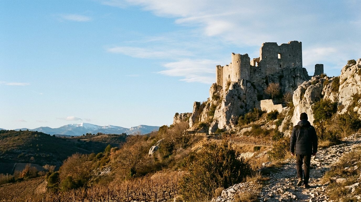 Ruines d'une forteresse médiévale sur une crête calcaire sous un ciel d'hiver dégagé, un marcheur de dos sur le sentier