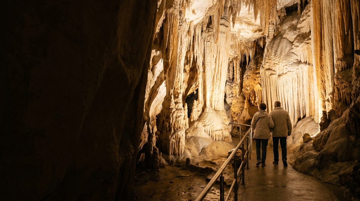Visiteurs de dos sur le sentier aménagé d'une grotte à concrétions éclairée, au pied de la Montagne Noire près de Carcassonne