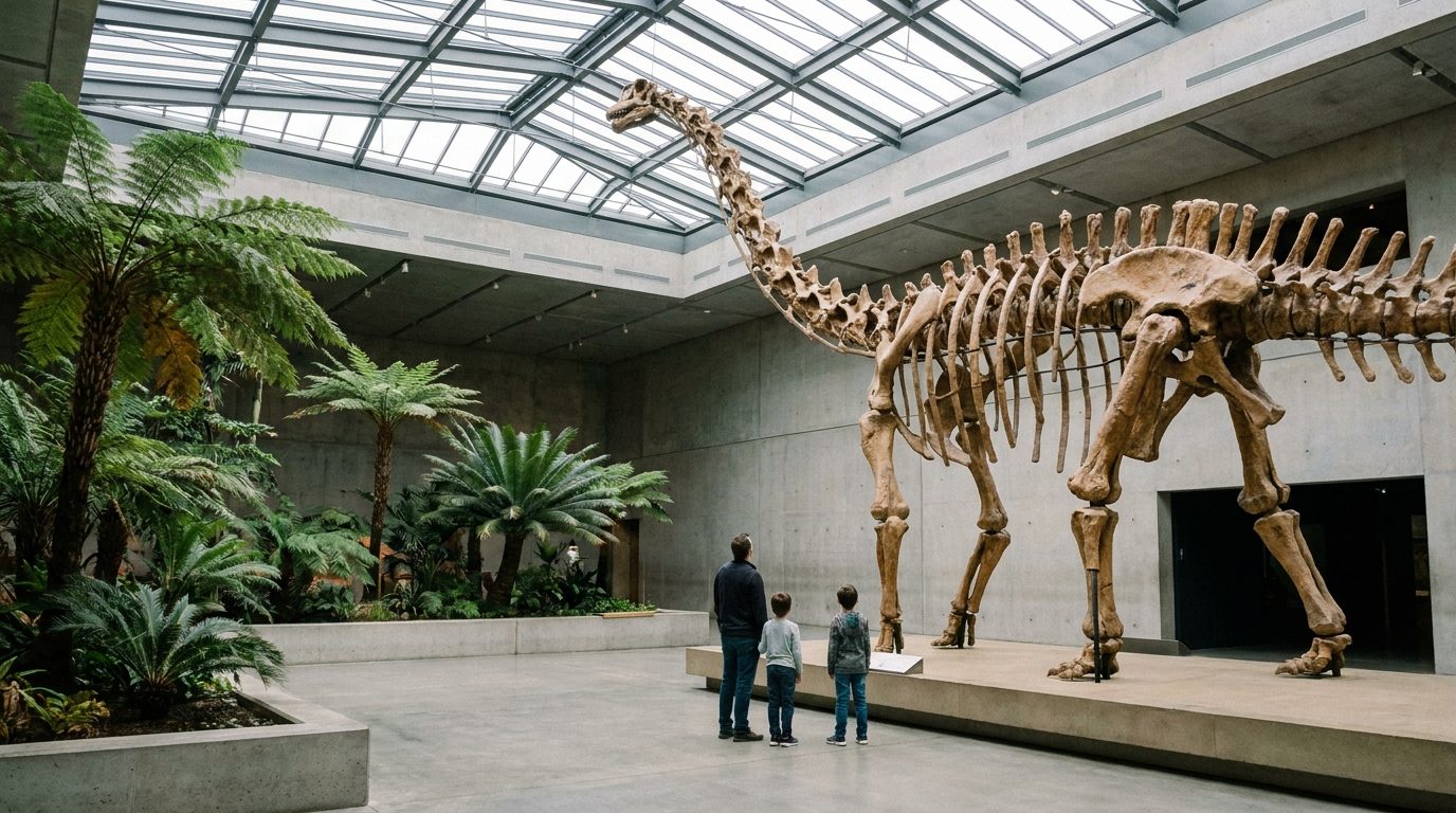 Grande halle de musée sous une verrière, où se dresse le squelette d'un dinosaure au long cou, face à quelques visiteurs vus de dos
