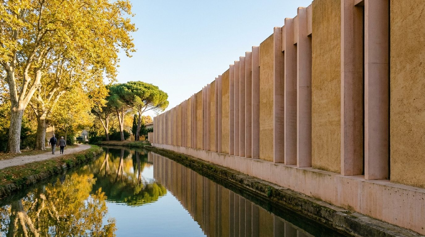 Long bâtiment de musée contemporain aux façades de béton coloré, au bord d'un canal bordé d'arbres, sous un ciel d'automne