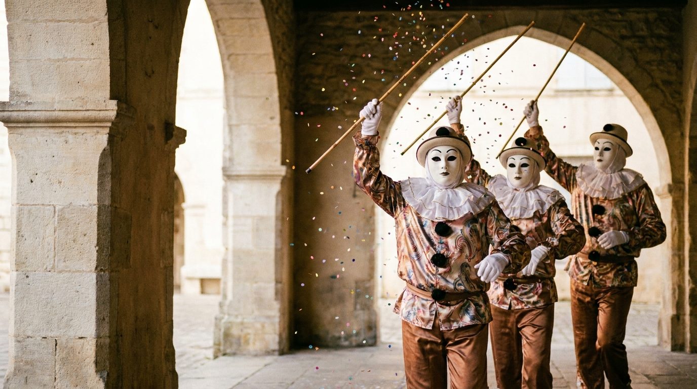Carnavaliers en costume de pierrot et masque dansant sous des arcades de pierre, confettis dans l'air