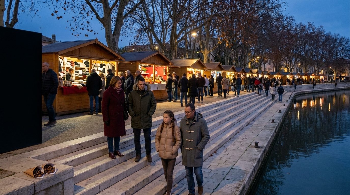Les chalets du marché de Noël alignés sur la promenade des Barques, au bord du canal de la Robine à Narbonne, un soir de décembre