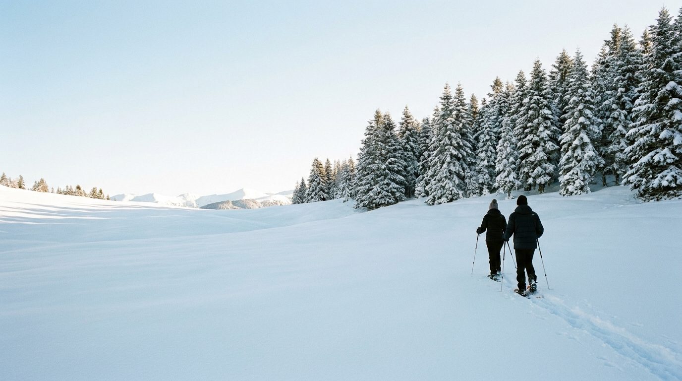 Deux randonneurs en raquettes vus de dos sur un plateau enneigé bordé de sapins, sous un ciel d'hiver clair