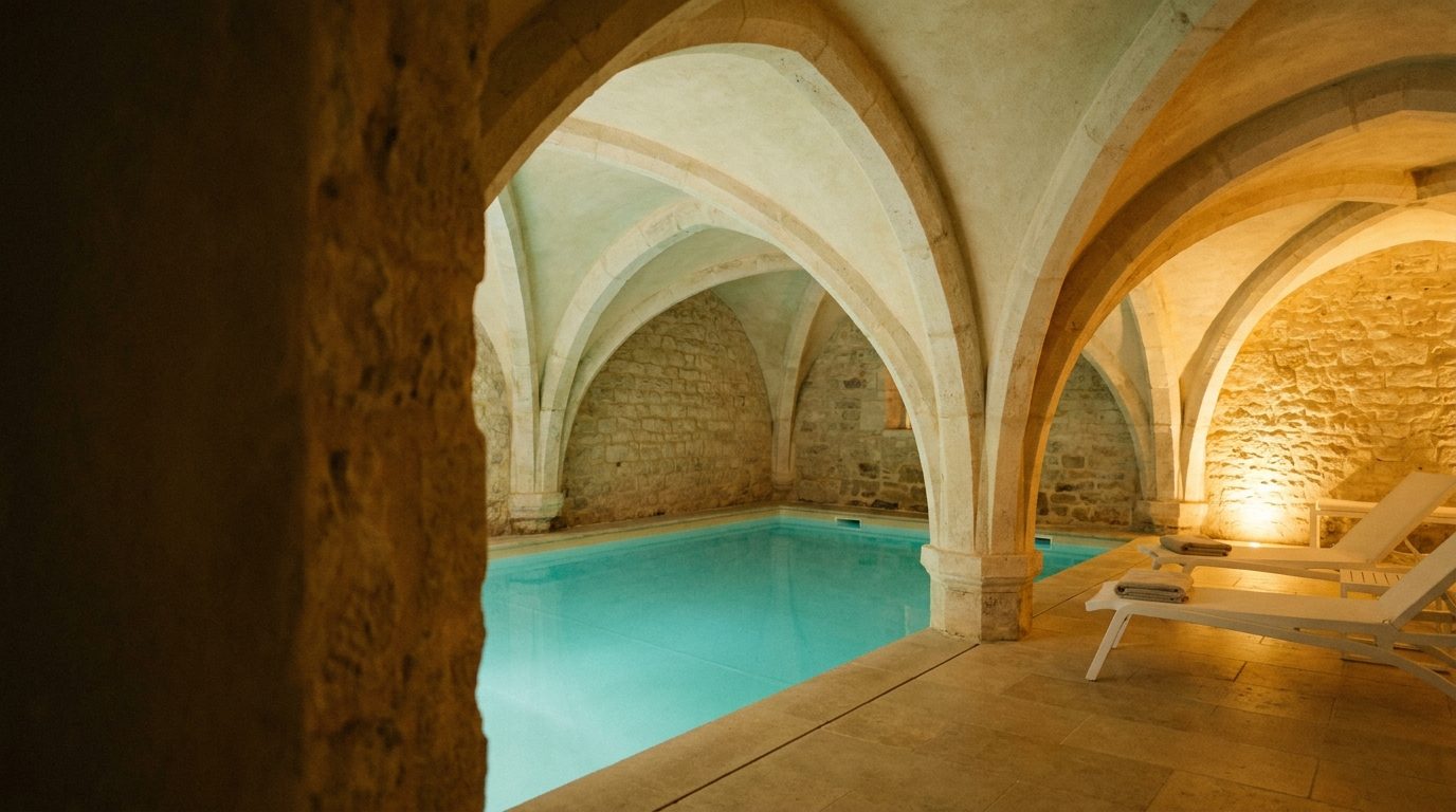 Bassin intérieur d'un spa aménagé sous des voûtes de pierre, éclairage doux, transats au bord de l'eau