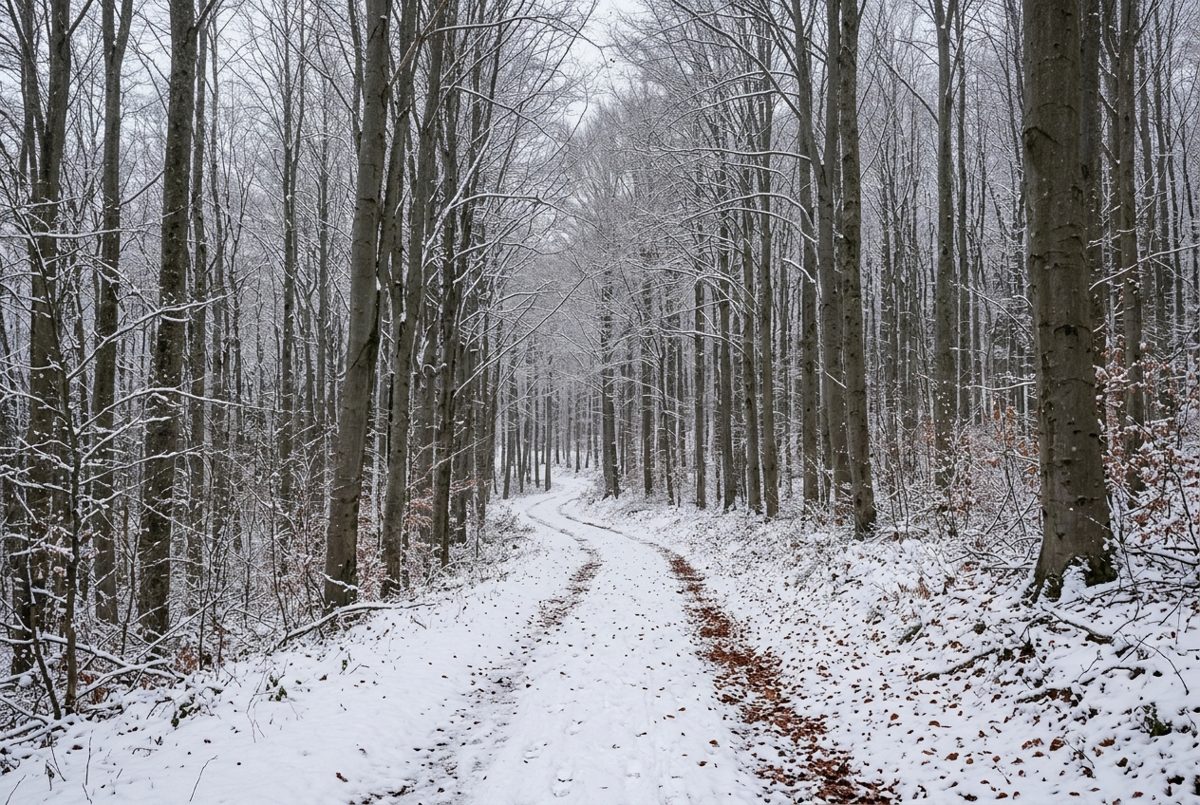 Chemin forestier sous une fine couche de neige dans une hêtraie aux troncs gris, en hiver