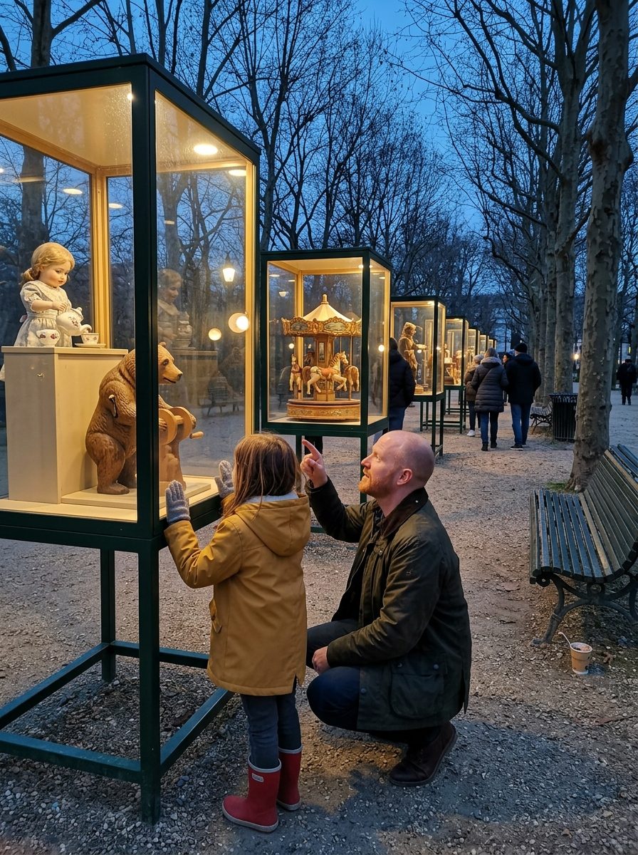 Une fillette et son père devant une vitrine d'automates illuminée dans un jardin public un soir de décembre