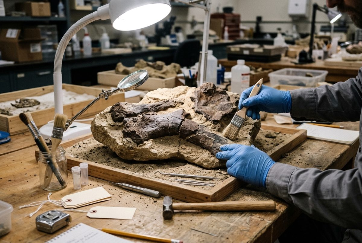 Table de laboratoire de paléontologie avec des os fossiles en cours de dégagement, des pinceaux et des outils fins