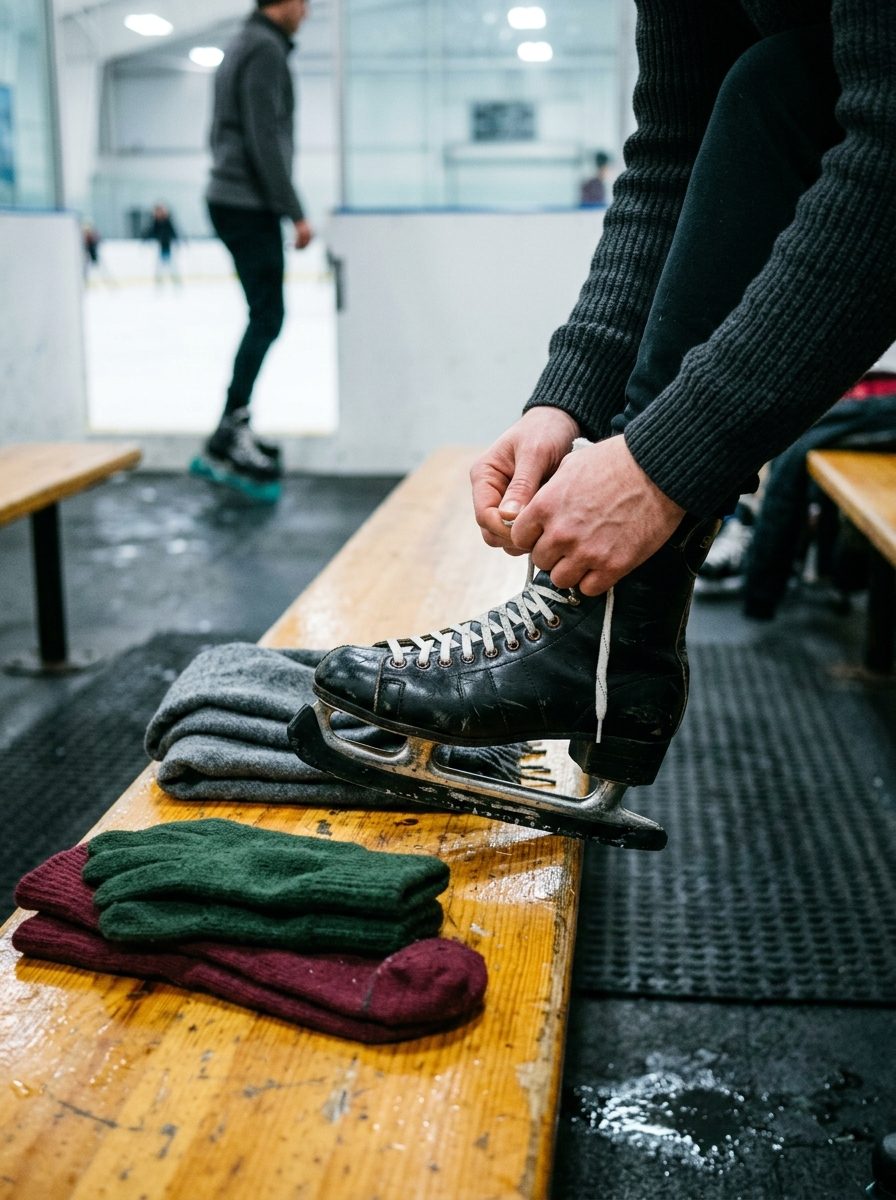 Mains qui lacent des patins de location sur un banc en bois, une paire de gants posée à côté, avant une séance de patinage