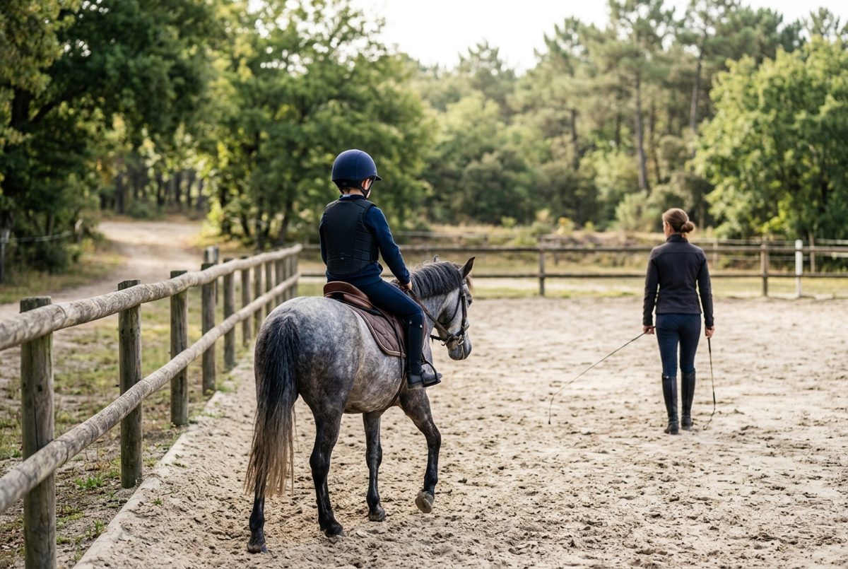 Enfant en bombe à poney pendant une leçon dans une carrière de sable, vu de dos