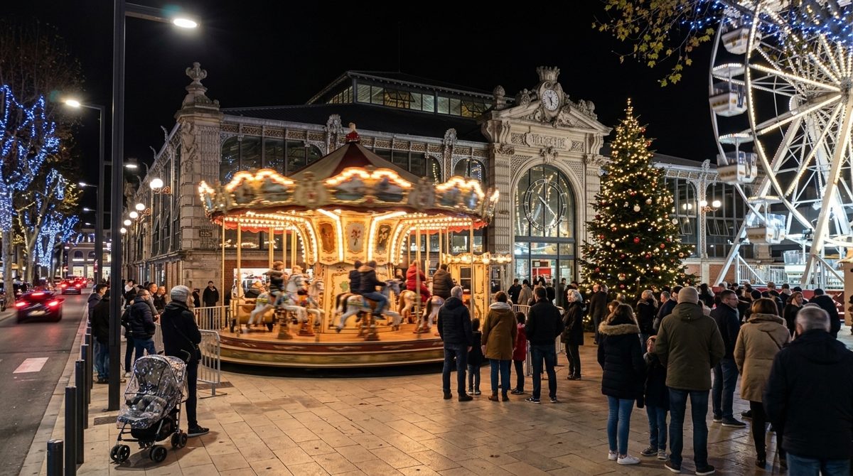 Le manège et la roue de Noël devant les Halles de Narbonne, un soir de décembre pendant les Fééries de Noël
