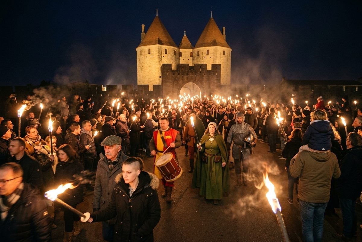 La marche aux flambeaux se forme devant la porte Narbonnaise de la Cité de Carcassonne, un soir de décembre