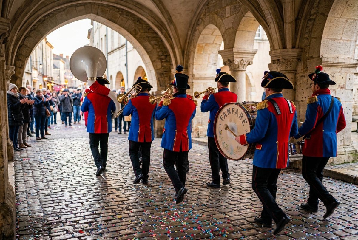 Fanfare de carnaval en vestes rouges et bleues jouant sous des arcades de pierre, confettis sur les pavés