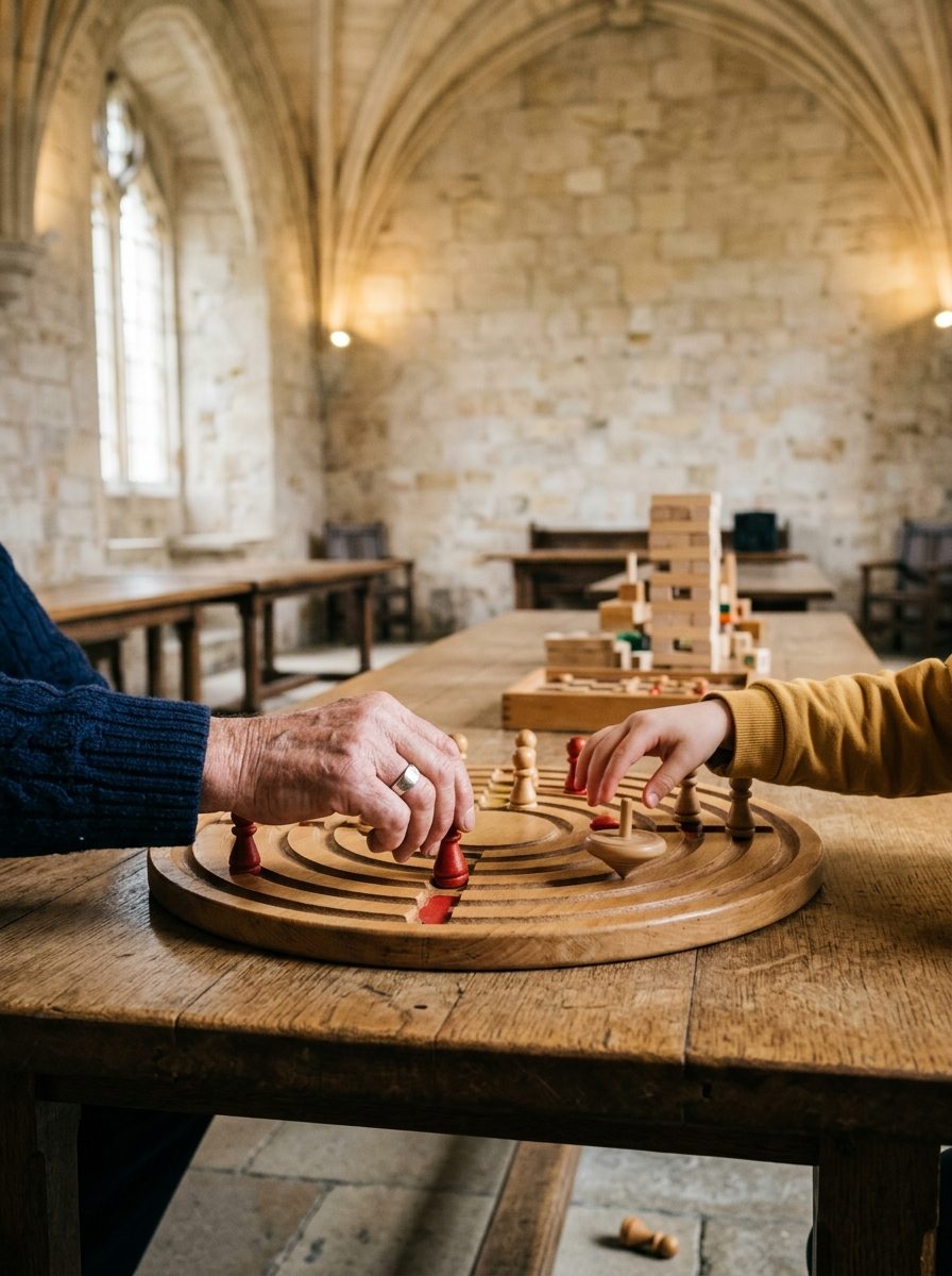 Les mains d'un grand-père et d'un enfant autour d'un jeu en bois sous les voûtes du Palais du Jeu, au Palais des Archevêques de Narbonne
