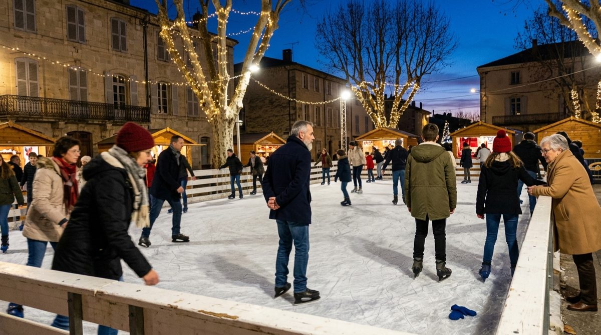 Patineurs sur une patinoire de Noël en plein air, sous des guirlandes lumineuses, un soir de décembre dans le sud de la France
