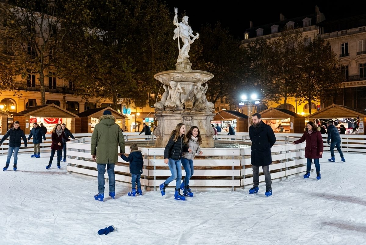 La patinoire éphémère autour de la fontaine de Neptune, place Carnot à Carcassonne, un soir de décembre, entourée des chalets du marché de Noël