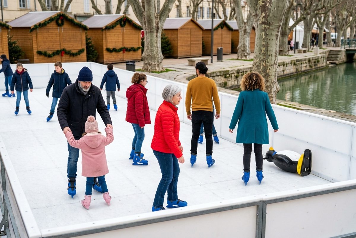 La patinoire synthétique éphémère installée sur la promenade des Barques à Narbonne pendant les Fééries de Noël, un après-midi de décembre