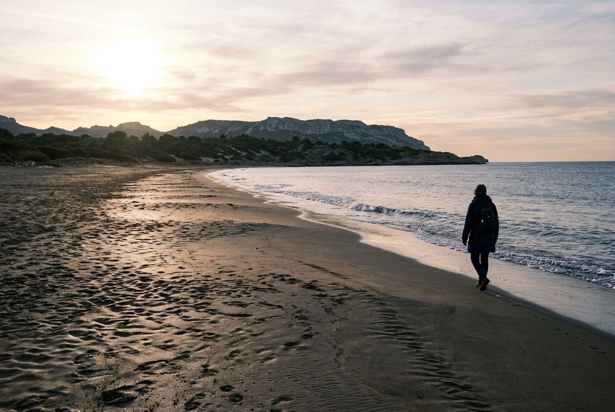 Plage méditerranéenne déserte en hiver sous une lumière basse, un promeneur de dos au bord de l'eau