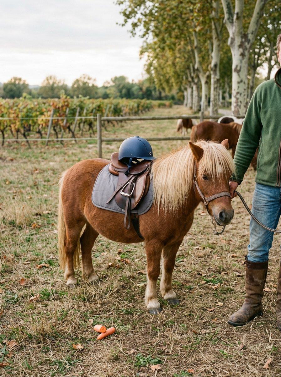 Un poney shetland sellé tenu en longe par un adulte, une petite bombe d'enfant posée sur la selle, avant une séance au poney-club