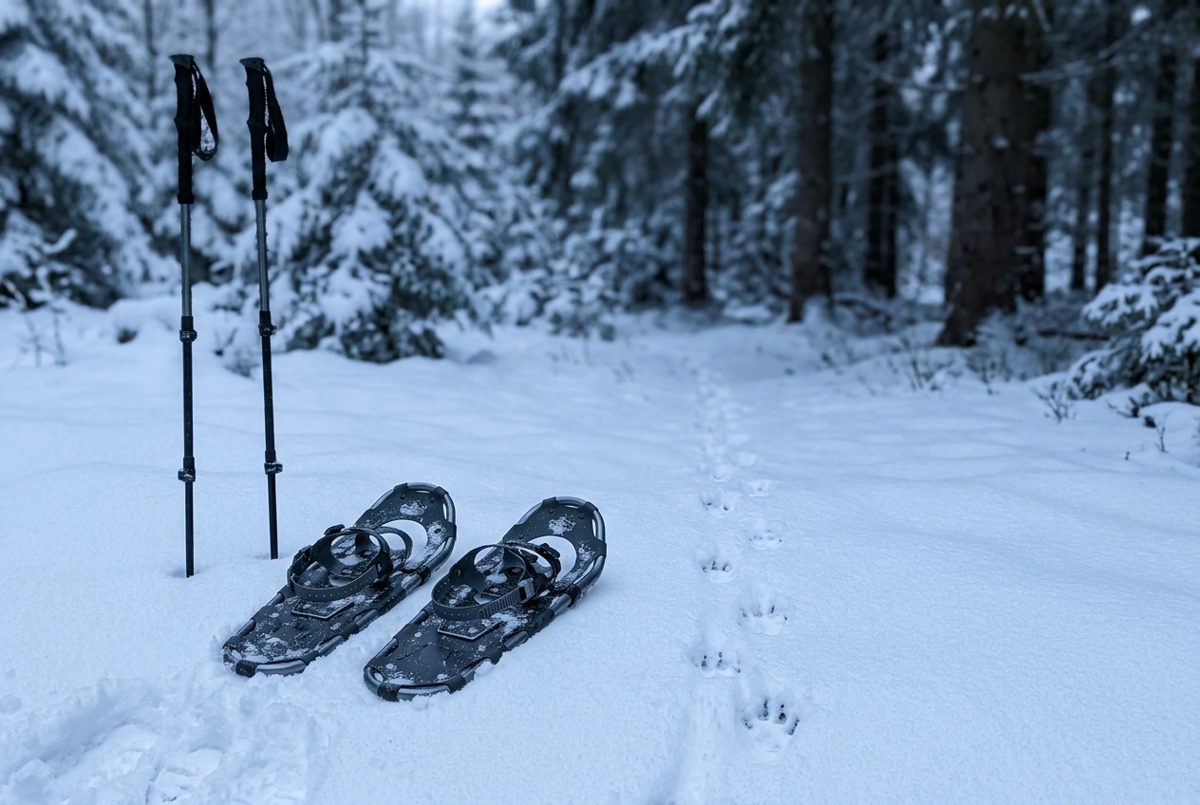 Paire de raquettes à neige et bâtons posés dans la poudreuse près de traces d'animaux en sous-bois