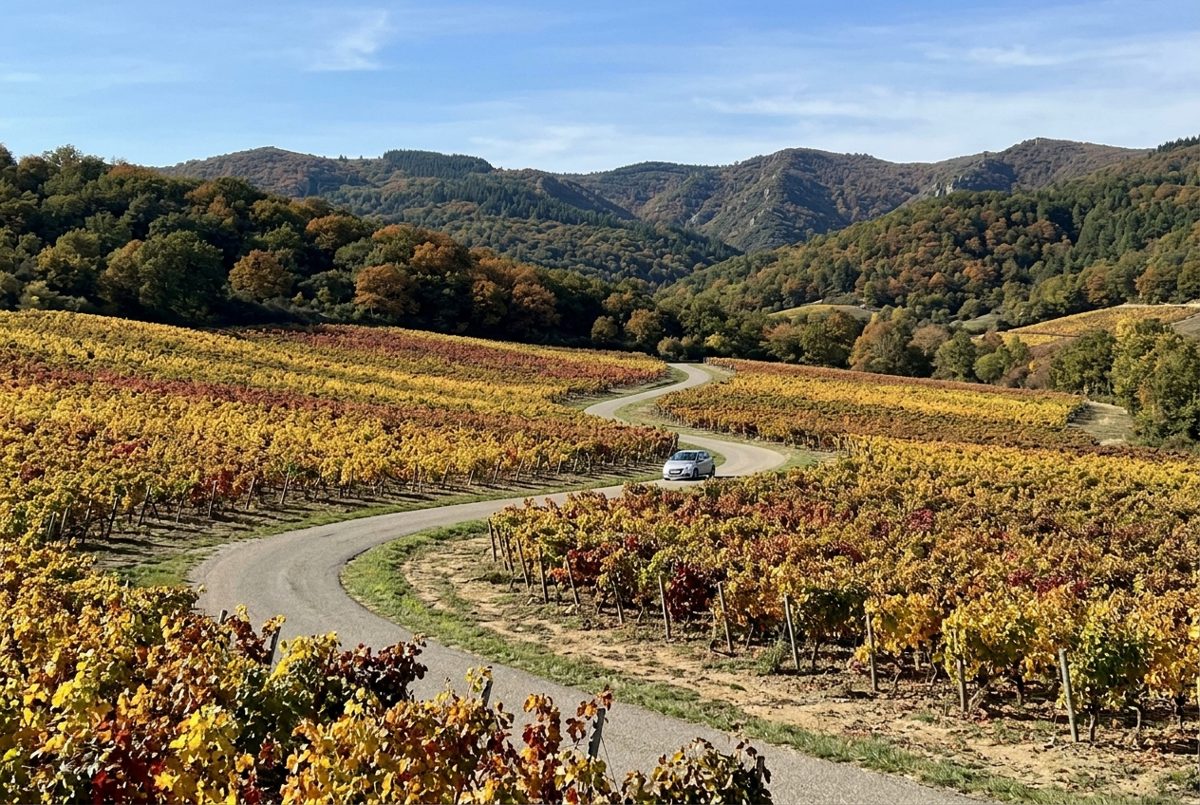 Route de campagne entre les vignes au pied d'un massif boisé du Cabardès, une voiture au loin