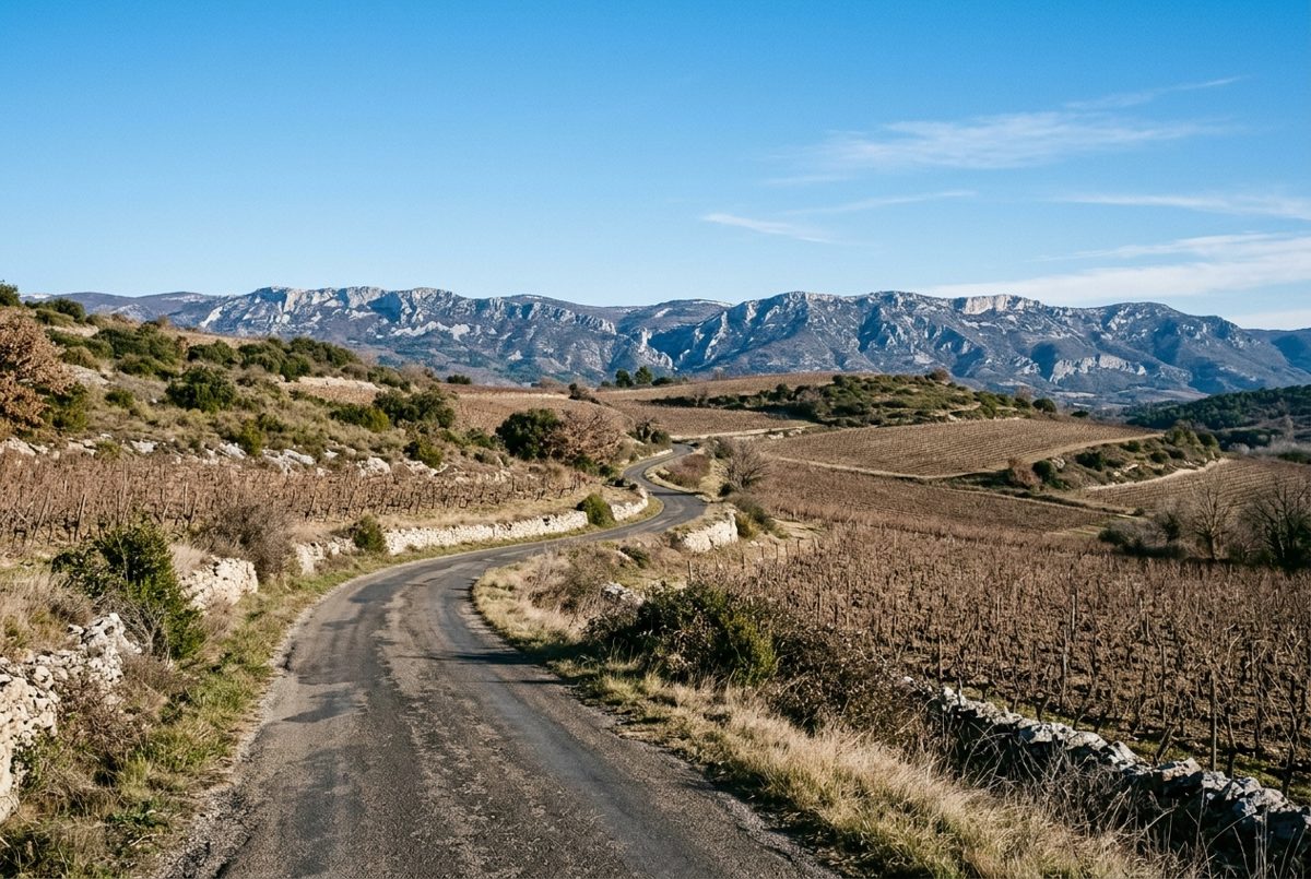 Petite route sinueuse dans les collines de garrigue des Corbières sous un ciel d'hiver dégagé