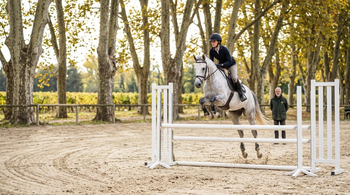 Une cavalière franchit un obstacle de saut dans une carrière bordée de platanes, près du Canal du Midi